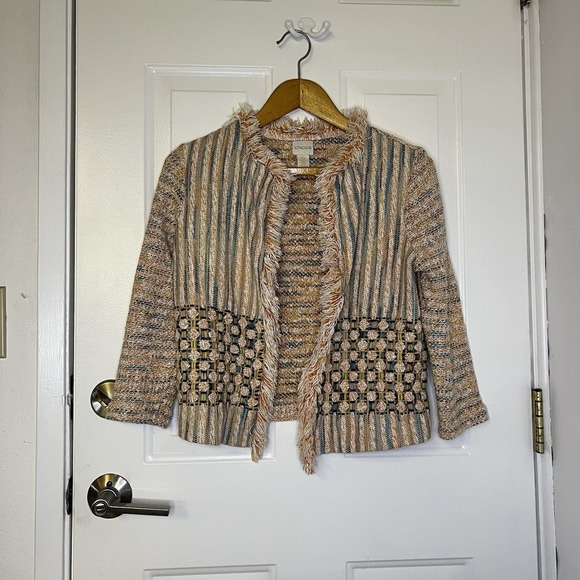 Chico's Open Front Tweed Blazer Women Size 0 Cotton Blend Fringe Hem Orange Tone - Picture 1 of 4
